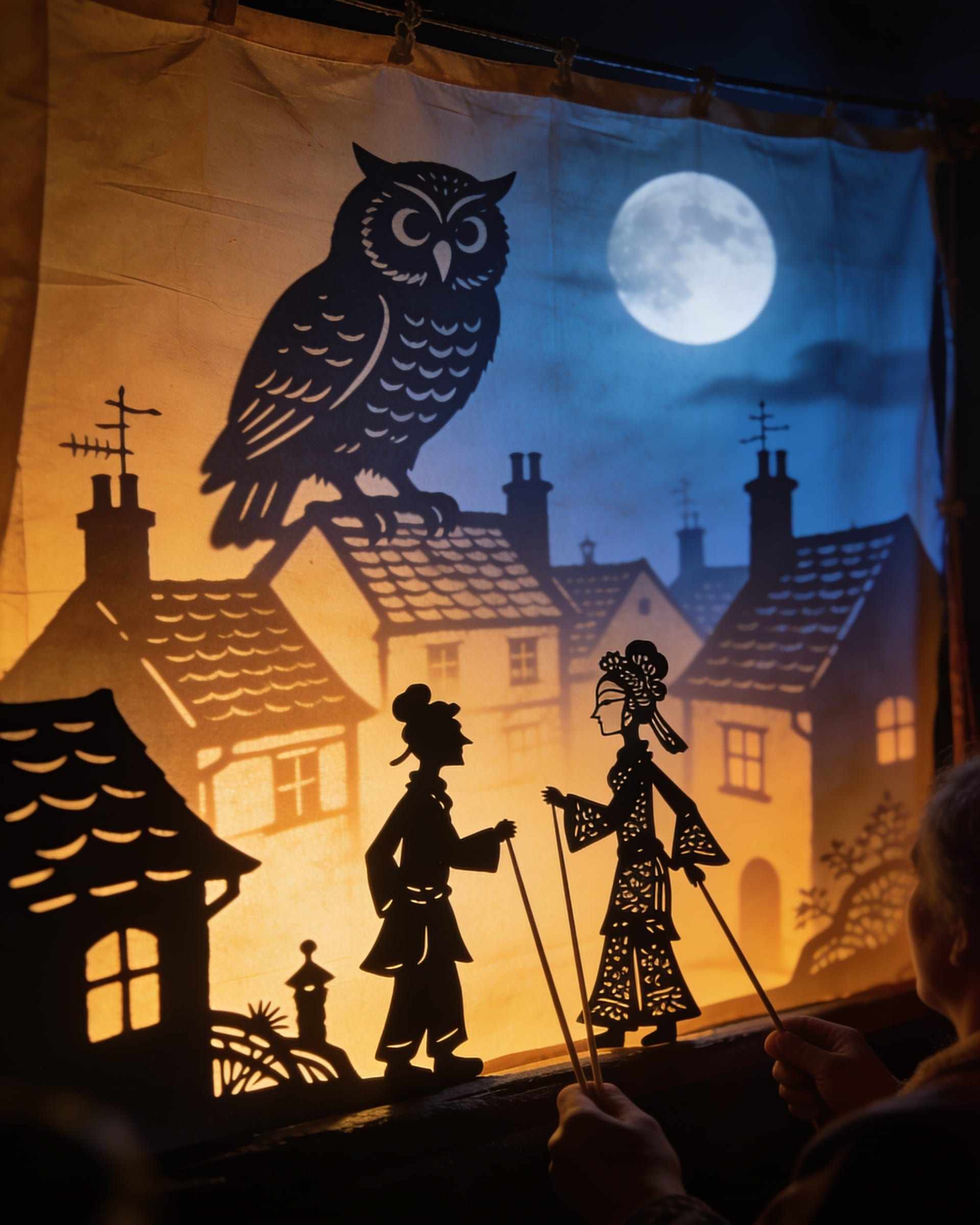 A shadow scene on a glowing screen: a big owl perched over the rooftops of a sleeping town under the moon