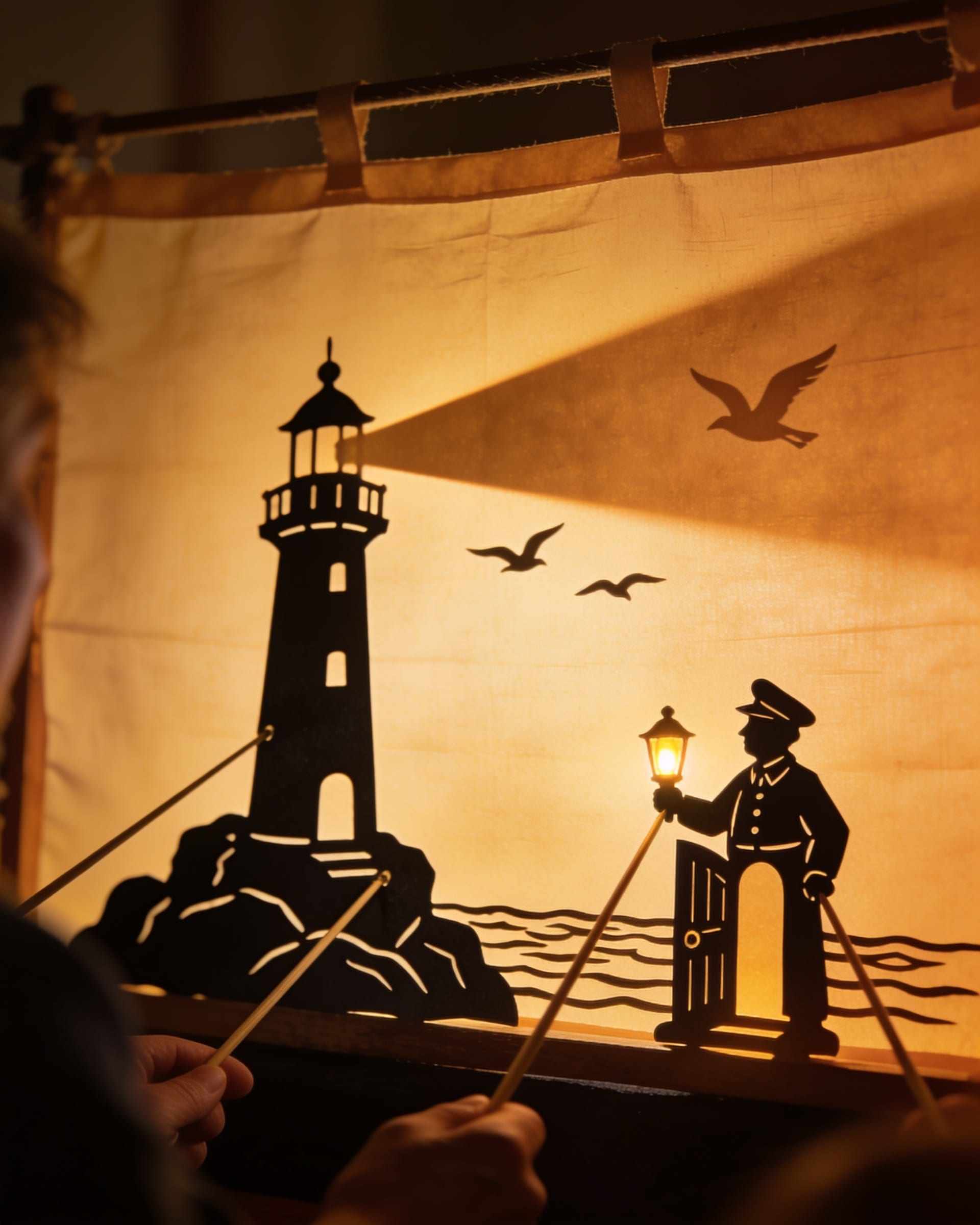 A shadow scene on a glowing screen: a lighthouse on rocks with its beam, seabirds flying and a keeper with a lamp at the door