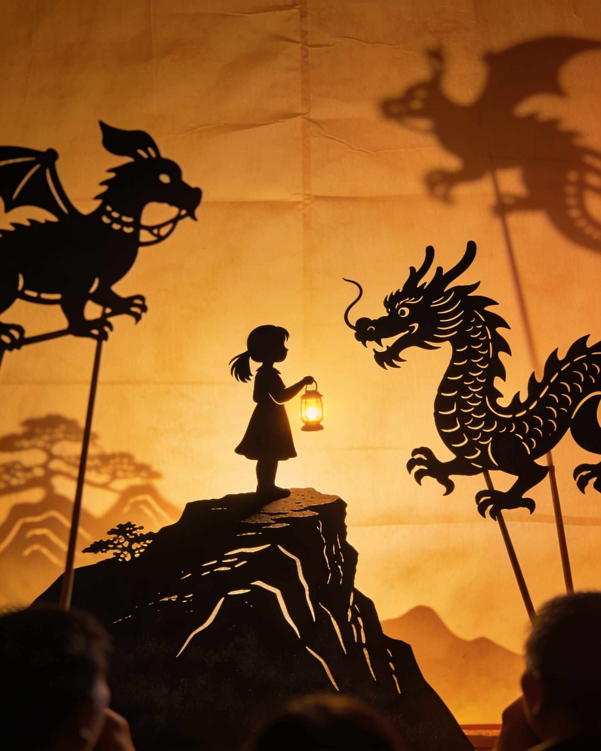 A shadow scene on a glowing screen: a girl with a lantern on a mountain ledge facing a friendly dragon