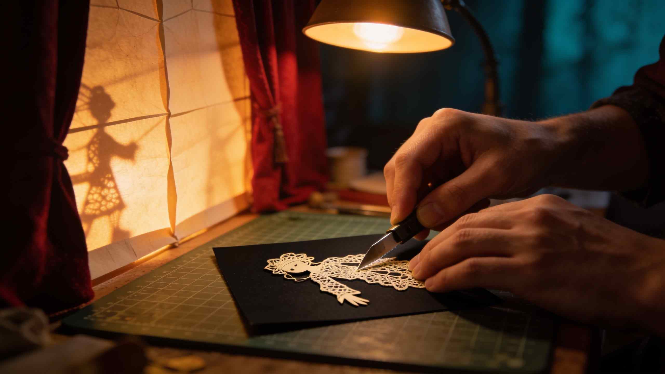 A puppet maker’s hands cutting fine lace-like detail into black card with a craft knife under a warm lamp