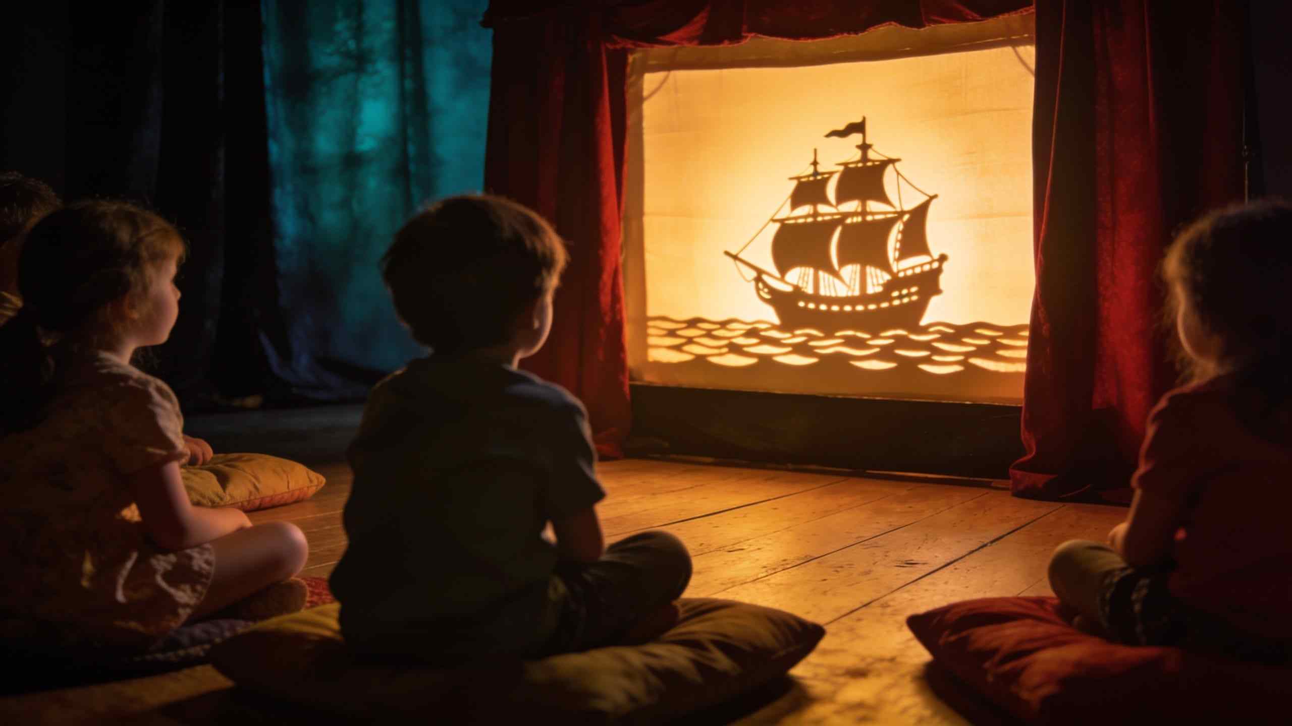 Children sitting on cushions in front of a glowing shadow screen with a ship on it