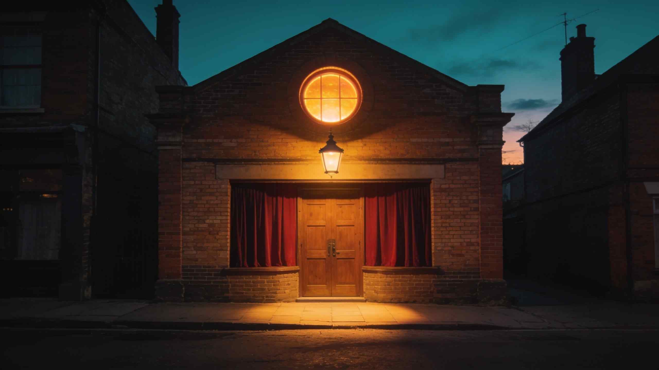 A small brick theatre at dusk with a glowing round window and a lantern over the door, red curtains in the windows