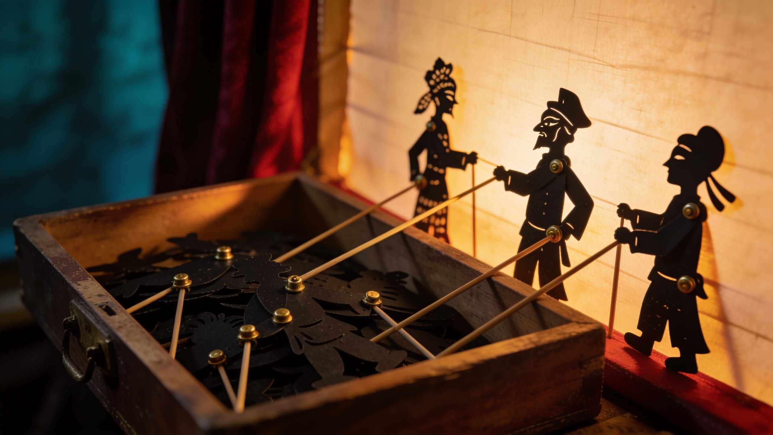 An old wooden drawer full of black cut-out shadow puppets with brass joints and rods