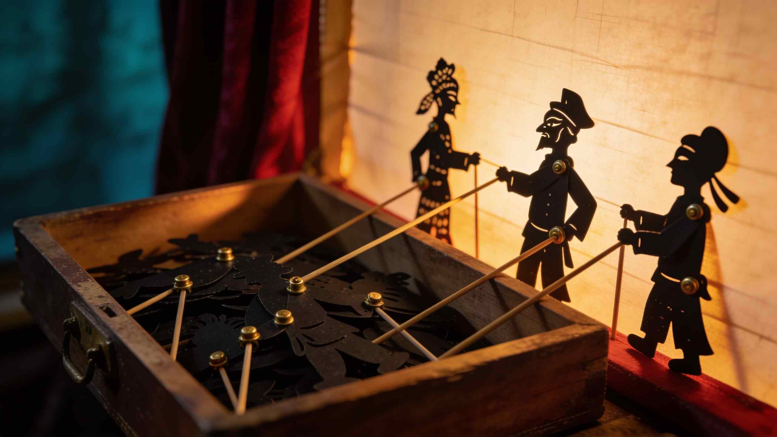 An old wooden drawer full of black cut-out shadow puppets with brass joints and rods