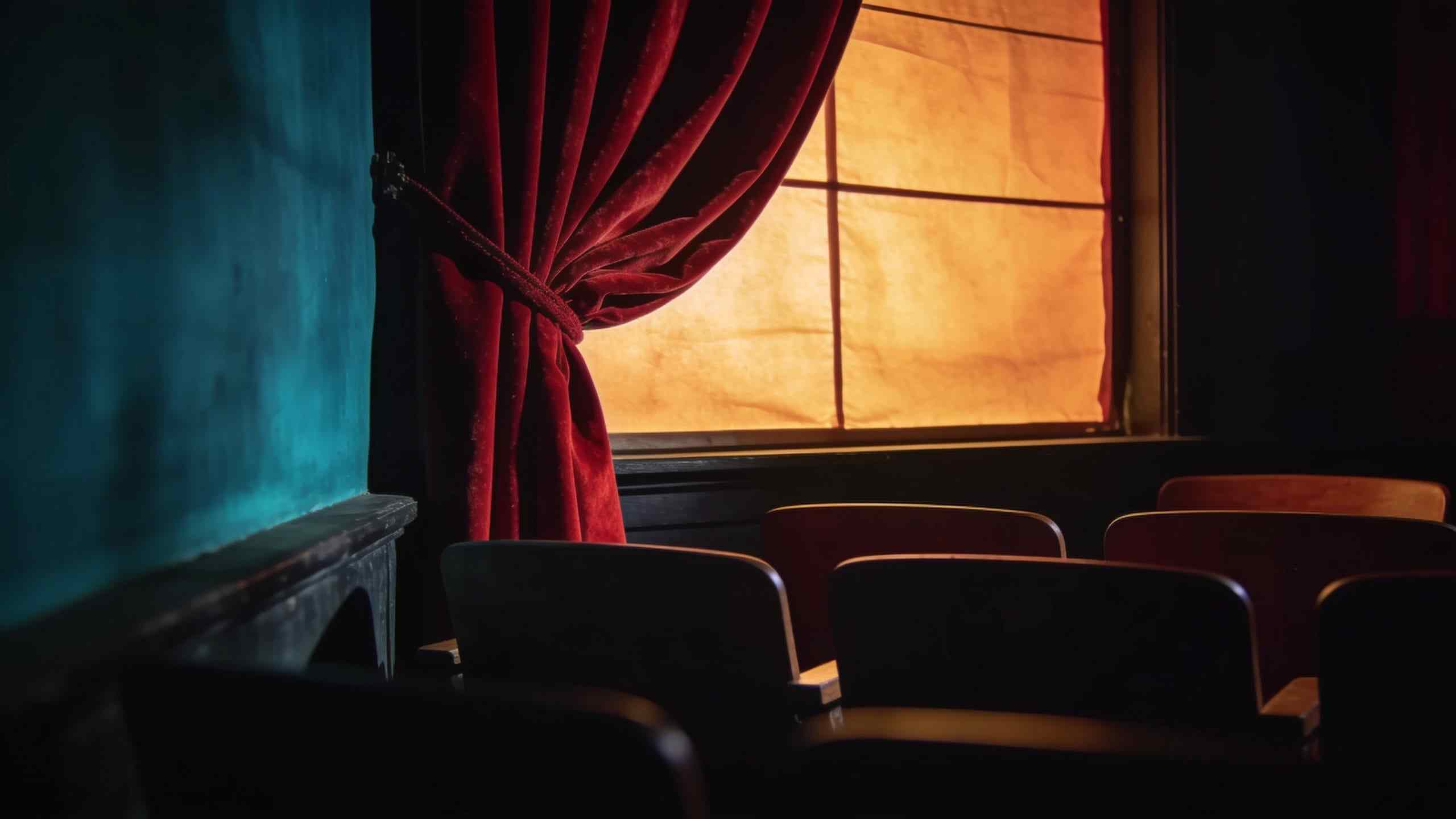 A red velvet curtain half open with the glowing screen behind it and a few empty wooden seats in the dark